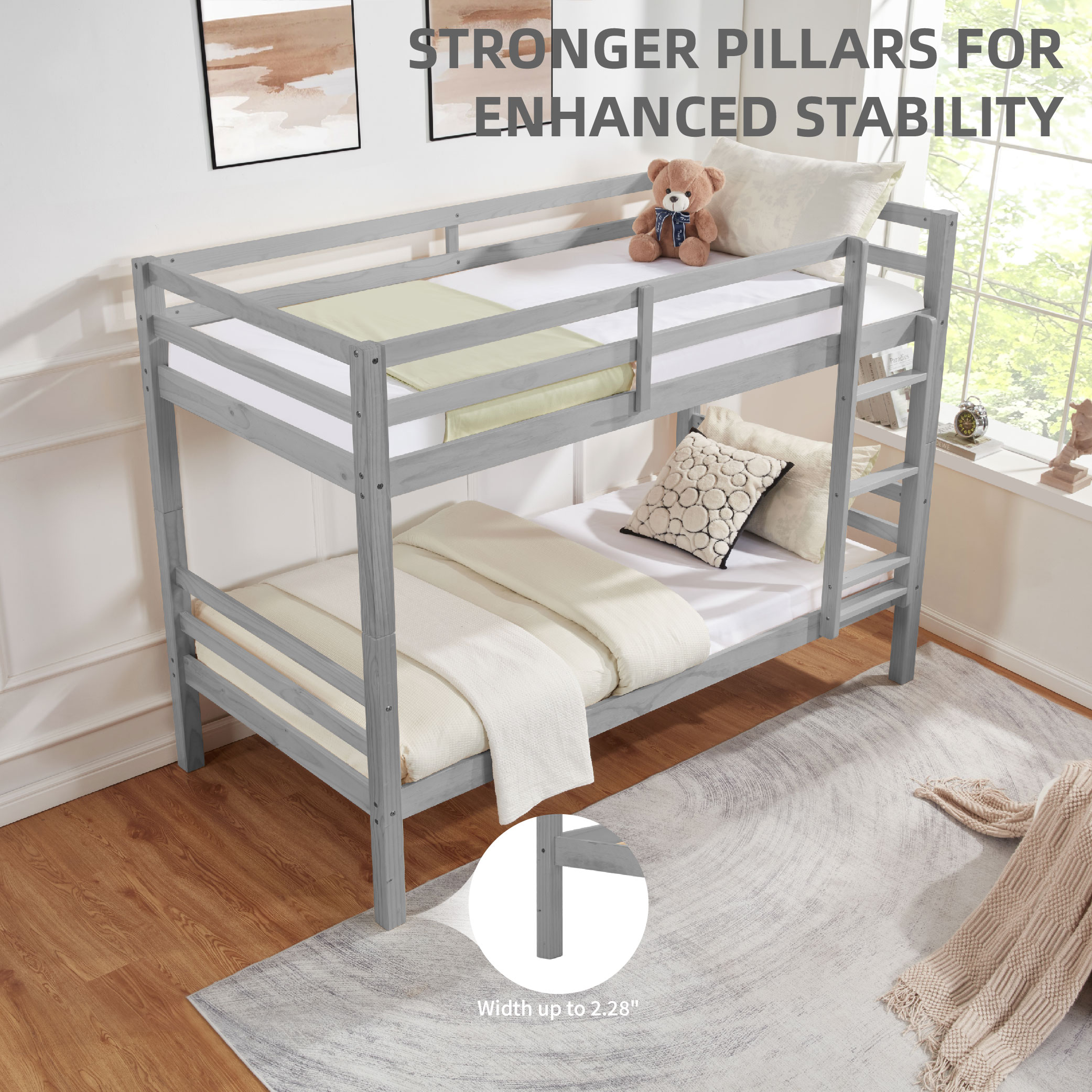 Twin Over Twin Bunk Bed With Thick Posts,Wooden Bunk Bed With High Guardrail And Ladder For Kids, Teens, Dorm Rooms, And Guest Rooms,No Box Spring Needed,Grey_voghion.com